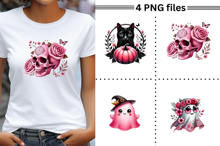 Cute Retro Pink Halloween Watercolor Clipart