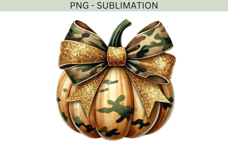 Camo Pumpkin PNG, Coquette Bow & Cute Fall Pumpkin Sublimation Design for Girls’ Fall Crafting, Camouflage Bow for Trendy Autumn Crafting