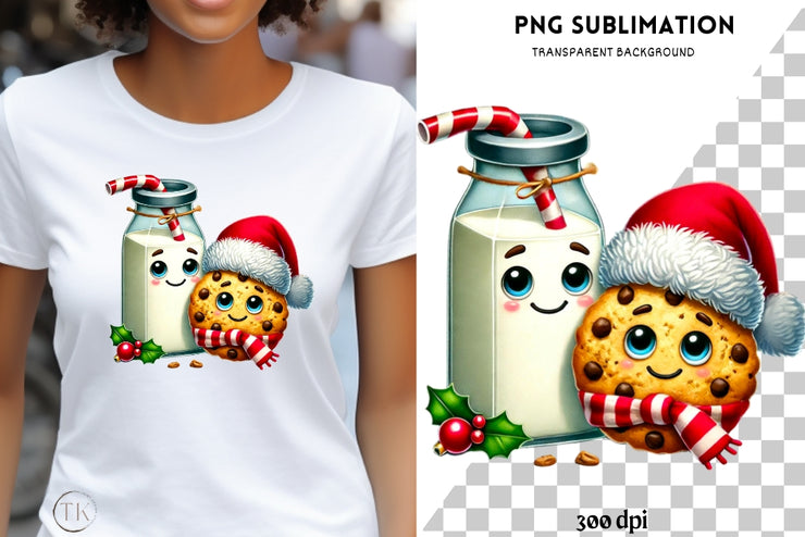 Kawaii Milk and Cookie PNG, Retro Watercolor Christmas Cookie Sublimation, Trendy Christmas Design for Kids, Instant Download Print