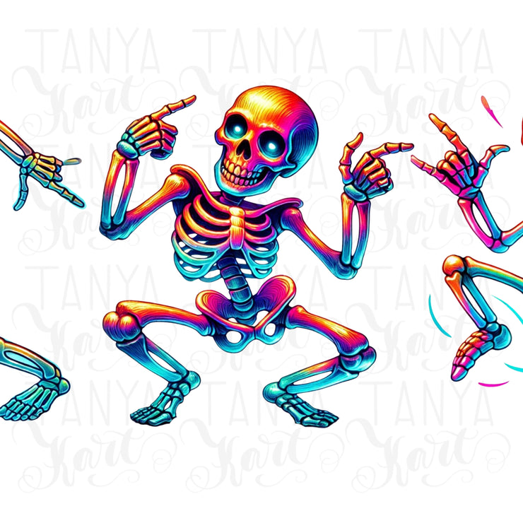 Neon Dancing Skeletons PNG for Dancer Shirts & Instant Download, Neon Halloween Sublimation for T-Shirts, DTF Designs, Halloween Graphics