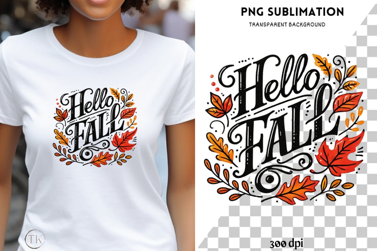 Hello Fall PNG - Digital Leaf Print for Card Making, Autumn Leaves Sublimation PNG, Transparent Designs for DIY Shirts, Fall Vibes Png