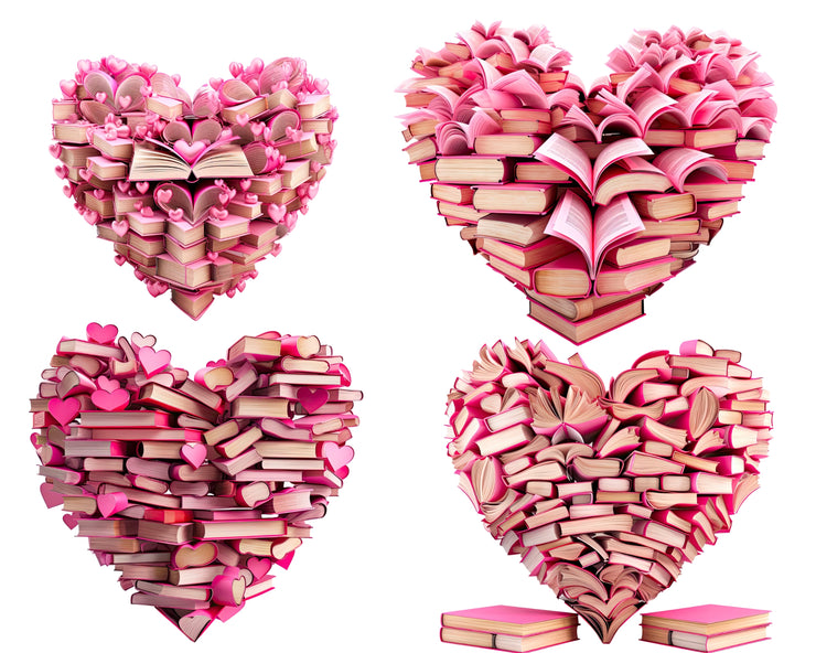 Bookish Valentines PNG | Book Stack Clipart | Pink Hearts