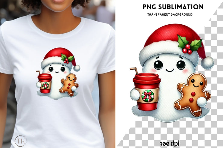 Christmas Vibes Ghost PNG | Girly Christmas Ghost with Coffee Cup & Gingerbread Man for Hoodie Sublimation Designs