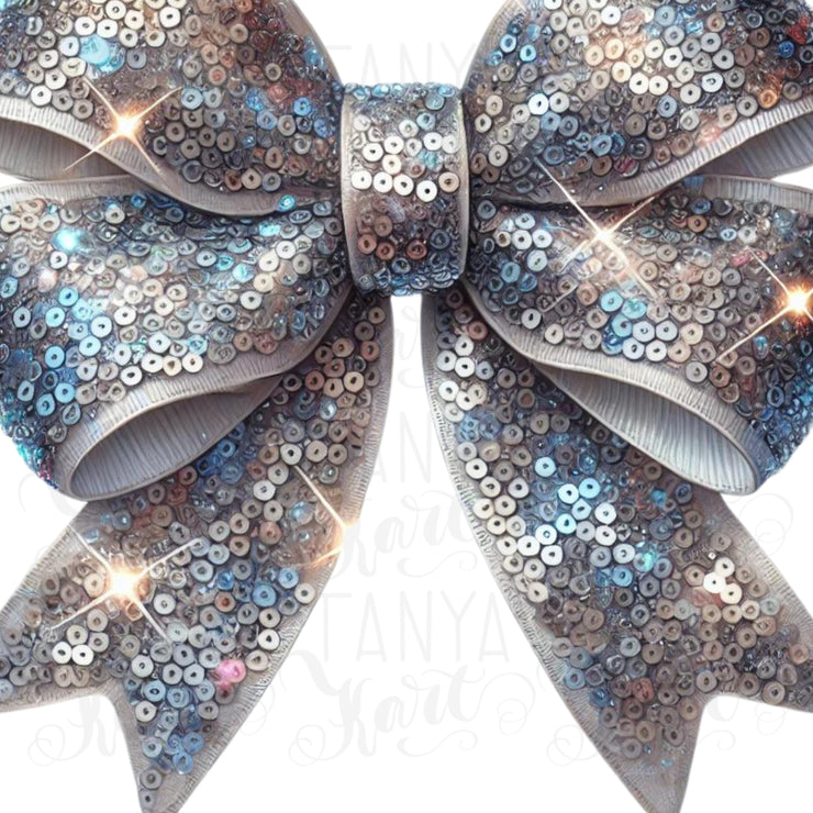 Glittery Silver Bow PNG for Coquette Sublimation, Bow Design PNG, Silver Sequined Bow, Digital Download