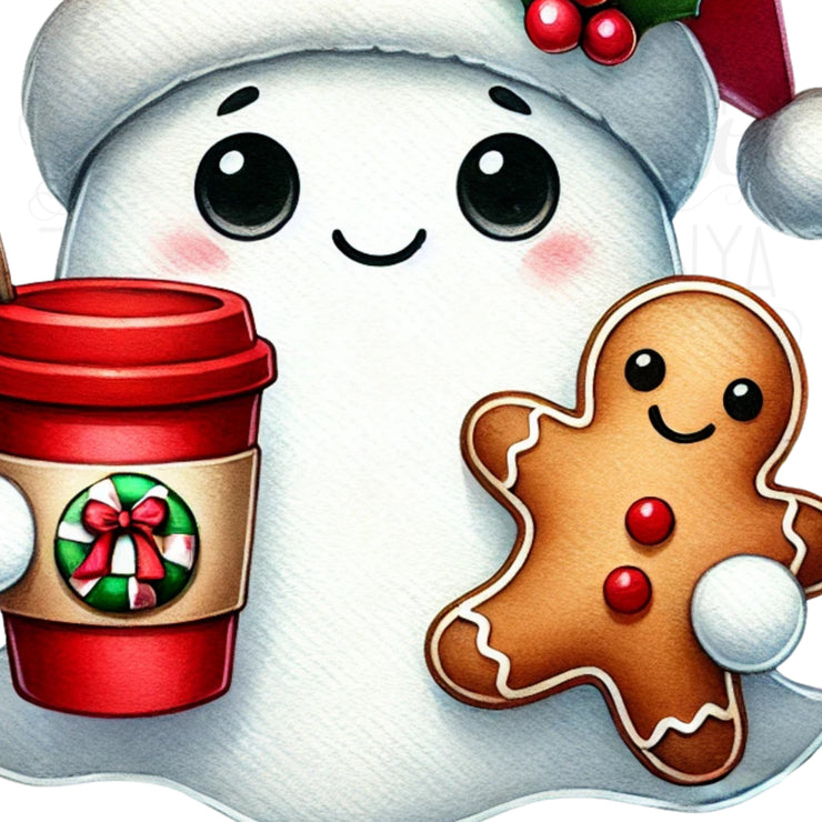 Christmas Vibes Ghost PNG | Girly Christmas Ghost with Coffee Cup & Gingerbread Man for Hoodie Sublimation Designs