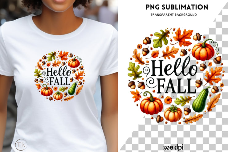 Hello Fall PNG, Autumn Vibes Leaf Illustration for Digital Prints and Crafting, Fall Leaves Transparent Design for Card Making & T-Shirt Sublimation