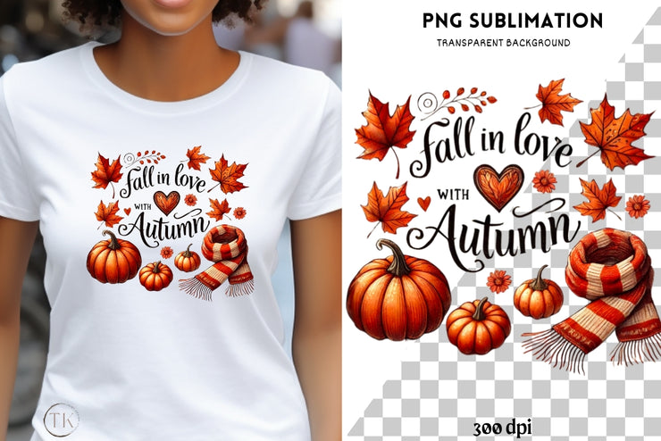 Fall in Love with Autumn PNG, Autumn Leaves & Vibes Sublimation, Trendy Fall Shirt Design, Digital Download for T-Shirts, Love Fall