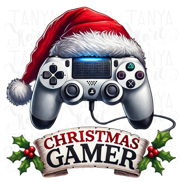 Christmas Gamer PNG, Merry Xmas Sublimation File with Game Controller & Santa Hat for Kids Holiday Digital Art, Christmas Gaming Design