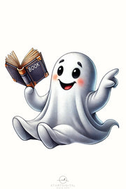 Reading Ghost PNG, Bookish Ghost with Book Sublimation for T-Shirt Designs, Card Making & Transparent Digital Downloads, Cute Retro Ghost