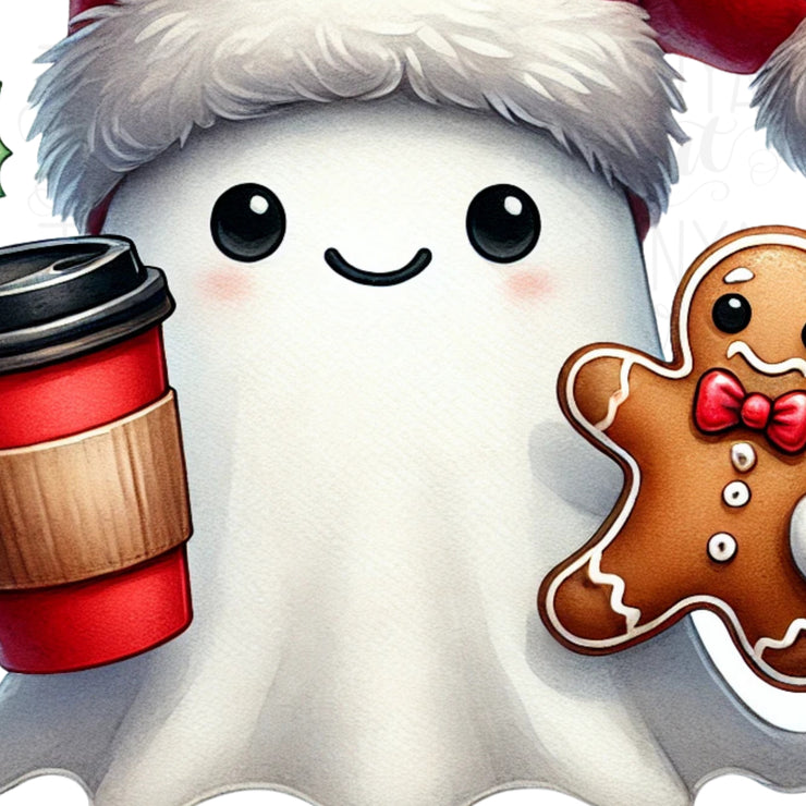 Cute Christmas Ghost PNG | Retro Ghost with Gingerbread Man & Coffee Cup for Trendy Holiday Sublimation