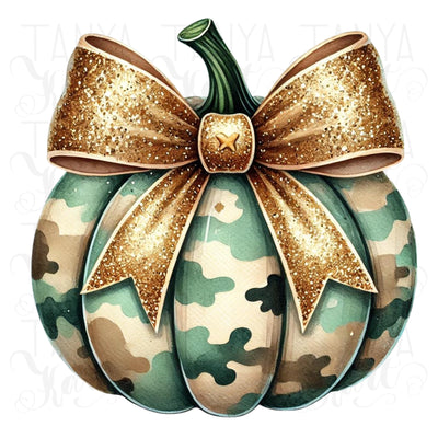 Camouflage Pumpkin Sublimation PNG | Coquette Bow Fall Design for Trendy Autumn Crafting & Girls' Fall Decor, Camo Pumpkin PNG, Sublimation