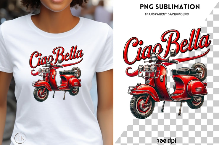 Italian Digital Print PNG | Red Scooter & Ciao Bella Art for T-Shirt Designs, Card Making & Digital Downloads