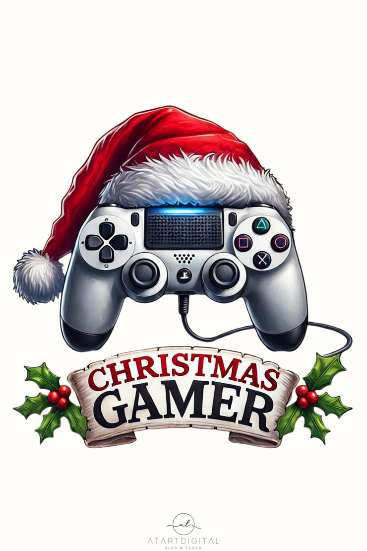 Christmas Gamer PNG, Merry Xmas Sublimation File with Game Controller & Santa Hat for Kids Holiday Digital Art, Christmas Gaming Design