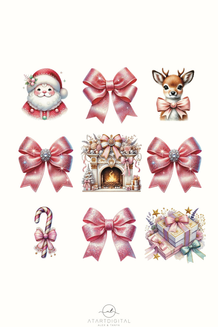 Coquette Christmas Bow PNG, Pink and Preppy Christmas Design for T-Shirts, Sublimation & Transparent PNG, Holiday Design for Merry Christmas