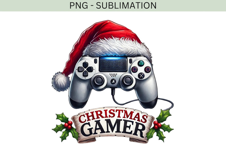 Christmas Gamer PNG, Merry Xmas Sublimation File with Game Controller & Santa Hat for Kids Holiday Digital Art, Christmas Gaming Design