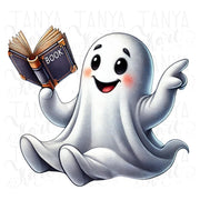 Reading Ghost PNG, Bookish Ghost with Book Sublimation for T-Shirt Designs, Card Making & Transparent Digital Downloads, Cute Retro Ghost