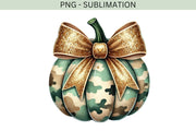 Camouflage Pumpkin Sublimation PNG | Coquette Bow Fall Design for Trendy Autumn Crafting & Girls' Fall Decor, Camo Pumpkin PNG, Sublimation