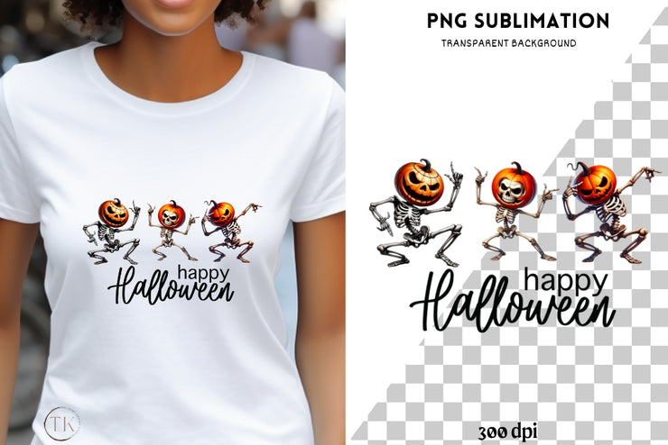 Happy Halloween Dancing Pumpkin Skeletons PNG, Funny Sublimation Design for T-Shirt, Party, Digital Download, Dancing Skeleton, Pumpkin Head