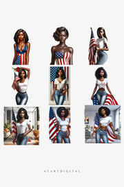 USA Black Woman Clipart Pack, Fourth of July