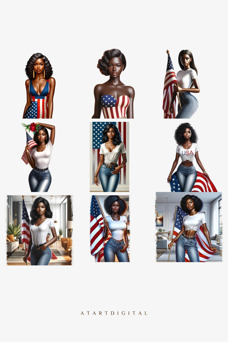 USA Black Woman Clipart Pack, Fourth of July