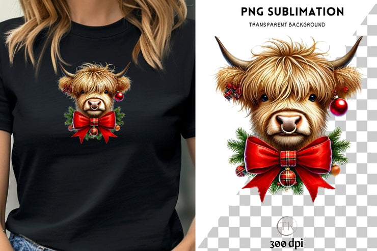 Highland Cow with Coquette Bow, Western Girly Christmas Design for Digital Crafting, Red Christmas Coquette PNG, Merry Xmas Sublimation