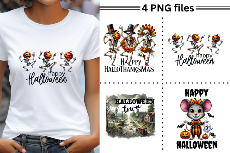 Halloween PNG Designs, Instant Download for Crafting, Transparent Printables, Skeleton & Mouse Graphics, Happy Hallothanksmas, Town