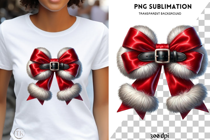 Coquette Christmas Santa Bow PNG, Preppy Holiday Sublimation for Digital Crafting, Transparent Winter Designs, Merry Christmas Download