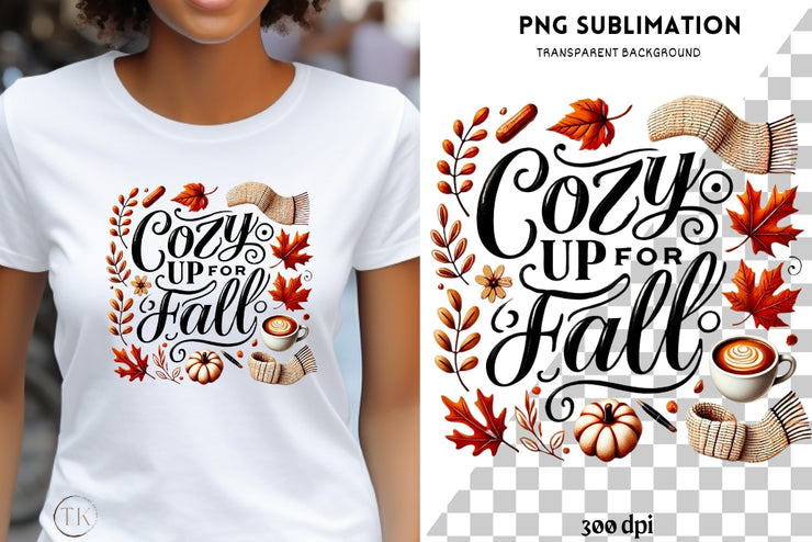 Cozy Up for Fall, Fall Vibes Digital Print, Retro Autumn Leaves PNG Design, Cozy Fall Shirt Design, Sublimation PNG for Tshirt & Card Making