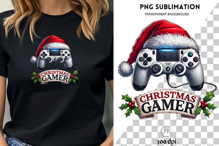 Christmas Gamer PNG, Merry Xmas Sublimation File with Game Controller & Santa Hat for Kids Holiday Digital Art, Christmas Gaming Design