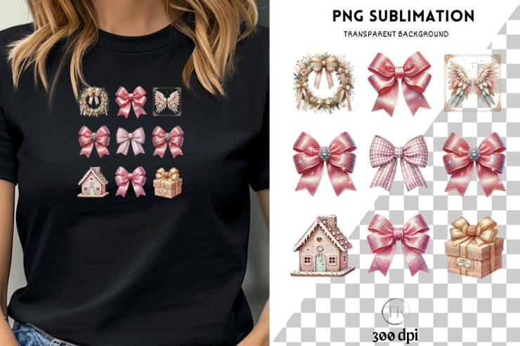 Coquette Christmas Bow PNG | Pink and Preppy Christmas Design for T-Shirts, Custom Sublimation & Transparent PNG