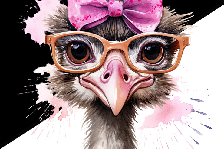 Funny Ostrich PNG with Pink Bow & Glasses
