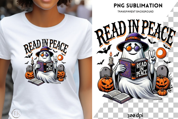 Read in Peace Ghost PNG, Sublimation for Halloween Shirts, Book Lover Designs & DTF Digital Downloads, Ghost Reading Books, Transparent PNG