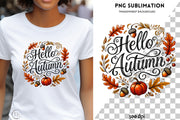 Hello Autumn Sublimation PNG for Fall Shirt Designs, Autumn Leaves Transparent Design, Instant Download, Retro Fall Vibes Digital Print