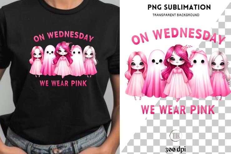 On Wednesday We Wear Pink, Cancer Awareness PNG Digital Download, Pink Ghost Halloween Print, October Ghost, Pink Halloween Sublimation