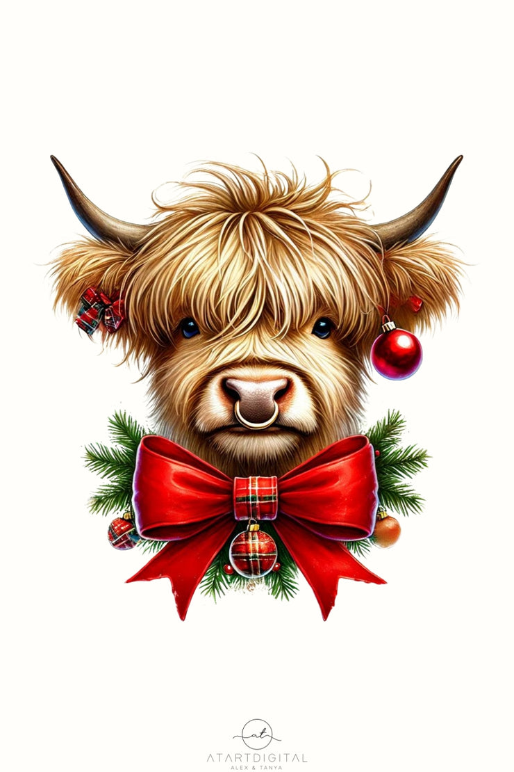 Highland Cow with Coquette Bow, Western Girly Christmas Design for Digital Crafting, Red Christmas Coquette PNG, Merry Xmas Sublimation