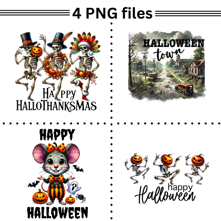 Halloween PNG Designs, Instant Download for Crafting, Transparent Printables, Skeleton & Mouse Graphics, Happy Hallothanksmas, Town