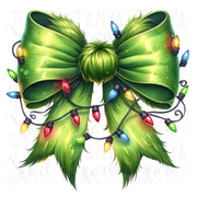 Green Coquette Bow with Christmas Lights PNG | Merry Christmas Sublimation Design for T-Shirts & Digital Crafting