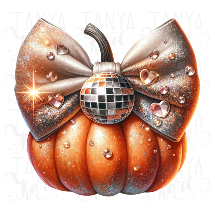 Coquette Pumpkin PNG with Bow, Disco Ball Pumpkin, Fall Sublimation, Autumn Aesthetic for Shirts, Fall Coquette Bow, Sublimation Design