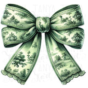 Green Coquette Bow PNG | Grandmillennial Watercolor & Toile de Jouy Chinoiserie for Christmas Sublimation Designs