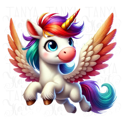 Colorful Pegasus Unicorn Illustration for Kids, Digital Graphics, Cute Watercolor Unicorn with Wings for Printables, Magical Baby Designs