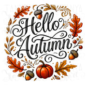 Hello Autumn Sublimation PNG for Fall Shirt Designs, Autumn Leaves Transparent Design, Instant Download, Retro Fall Vibes Digital Print