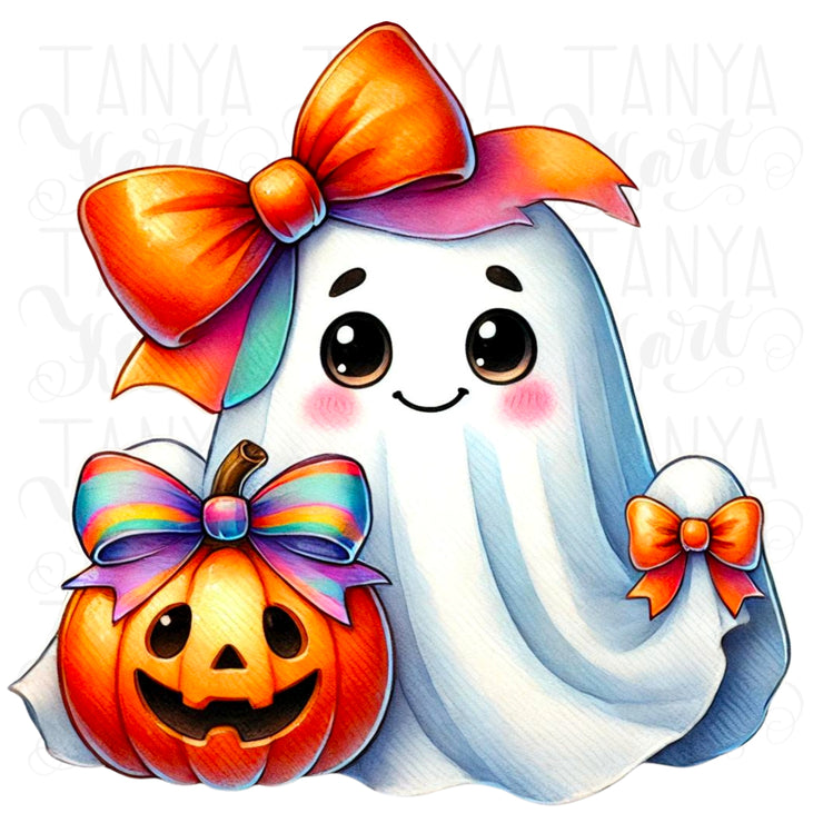 Coquette Ghost & Pumpkin Spice PNG, Autumn Shirt Design, Vintage Halloween Ghost, Fall Pumpkin, Cute PNG Digital Art Print