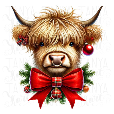 Highland Cow with Coquette Bow, Western Girly Christmas Design for Digital Crafting, Red Christmas Coquette PNG, Merry Xmas Sublimation