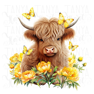 Little Cow With Peonies, Highland Cow Printable Art Sublimation PNG