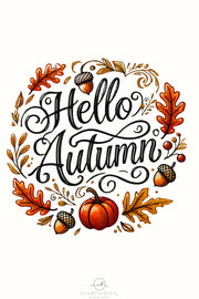 Hello Autumn Sublimation PNG for Fall Shirt Designs, Autumn Leaves Transparent Design, Instant Download, Retro Fall Vibes Digital Print