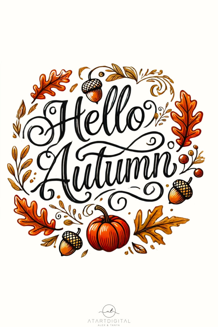 Hello Autumn Sublimation PNG for Fall Shirt Designs, Autumn Leaves Transparent Design, Instant Download, Retro Fall Vibes Digital Print