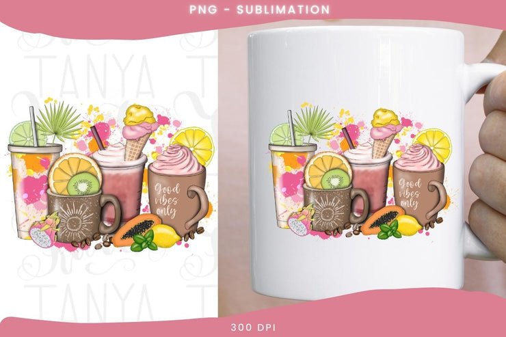 Summer Coffee Png Cups With Fruits, Sublimation Design