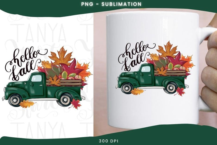 Hello Fall Truck Png Digital Download for Sublimation, Autumn Green Truck with Orange Leaves Digital Image