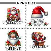 Festive Santa Claus PNG for Christmas Shirt & Sublimation Crafting, Believe Phrases, Merry Christmas PNG Download, Holiday Transparent