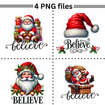 Festive Santa Claus PNG for Christmas Shirt & Sublimation Crafting, Believe Phrases, Merry Christmas PNG Download, Holiday Transparent